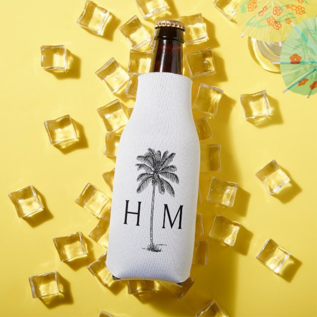 Black and White Palm Palmetto Tree Monogram Bottle Cooler (In Situ Summer)