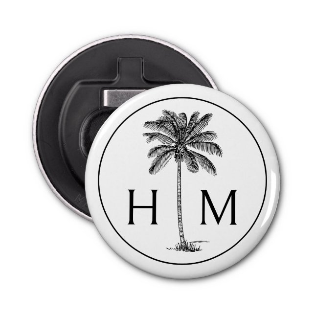 Black and White Palm Palmetto Tree Monogram Bottle Opener (Front)