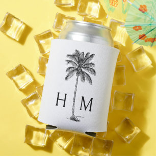 Black and White Palm Palmetto Tree Monogram Can Cooler