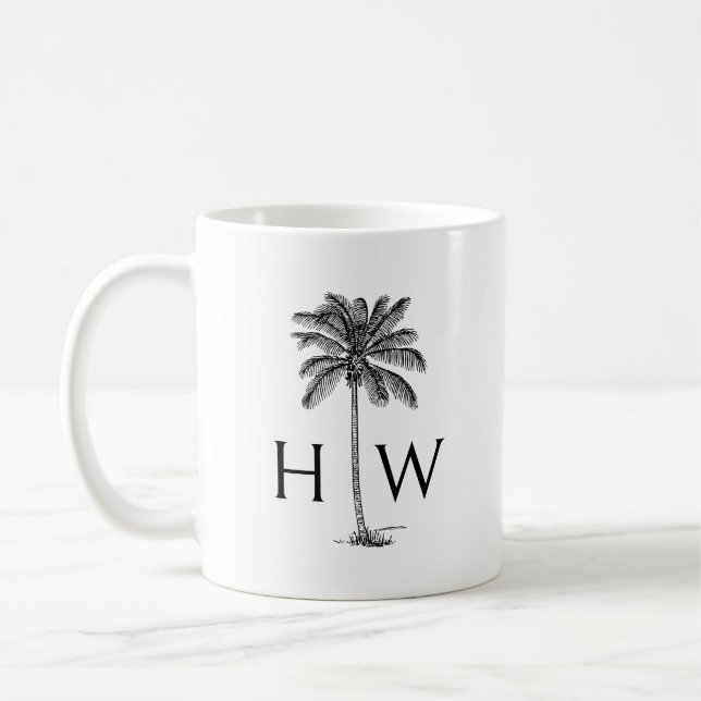 Black and White Palm Palmetto Tree Monogram Coffee Mug (Left)