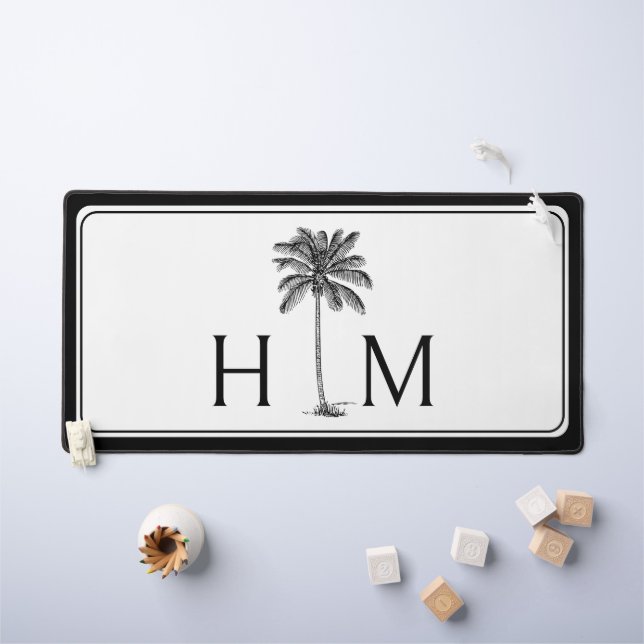Black and White Palm Palmetto Tree Monogram Desk Mat (Kids Table)