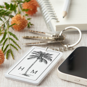 Black and White Palm Palmetto Tree Monogram Keychain