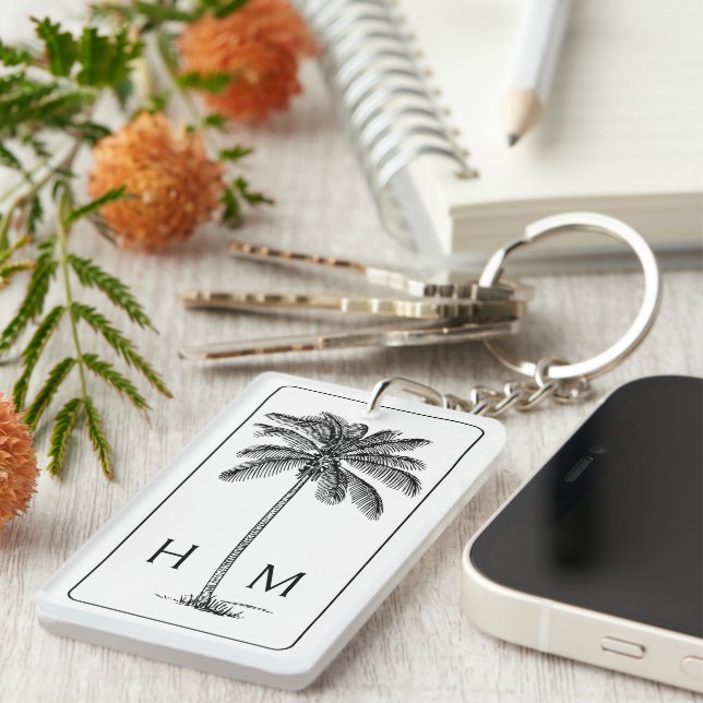 Black and White Palm Palmetto Tree Monogram Keychain (Front Right)