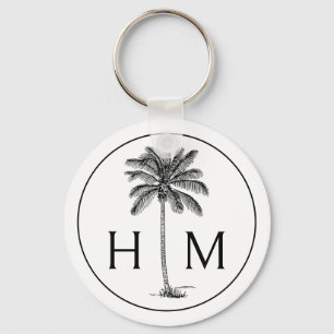Black and White Palm Palmetto Tree Monogram Keychain