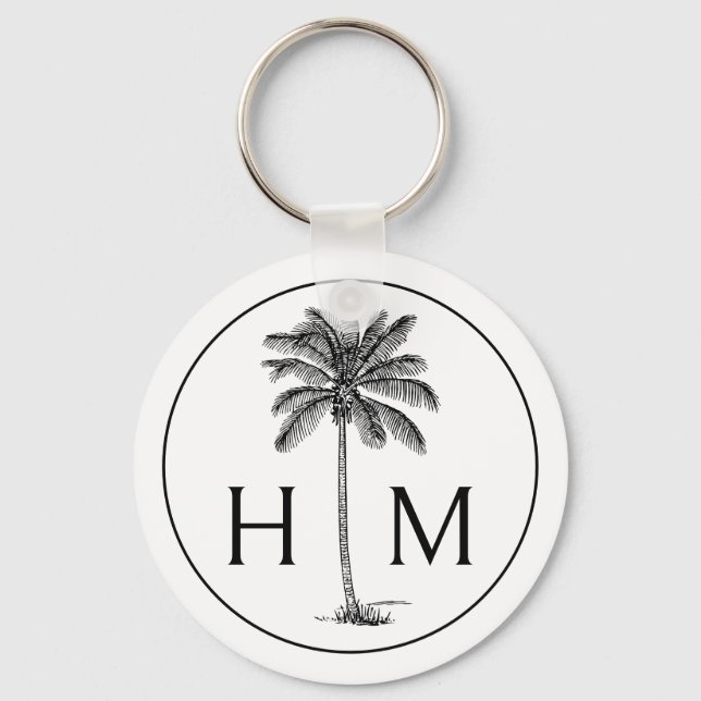 Black and White Palm Palmetto Tree Monogram Keychain (Front)