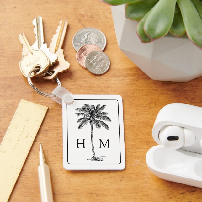 Black and White Palm Palmetto Tree Monogram Keychain (Desk)