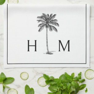 Black and White Palm Palmetto Tree Monogram Kitchen Towel
