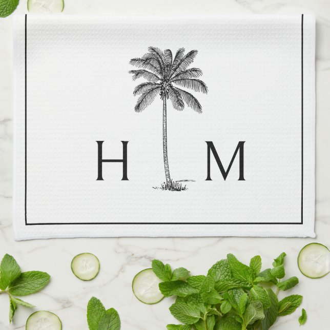 Black and White Palm Palmetto Tree Monogram Kitchen Towel (Folded)