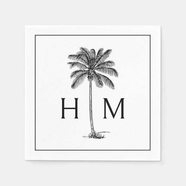 Black and White Palm Palmetto Tree Monogram Napkin (Front)