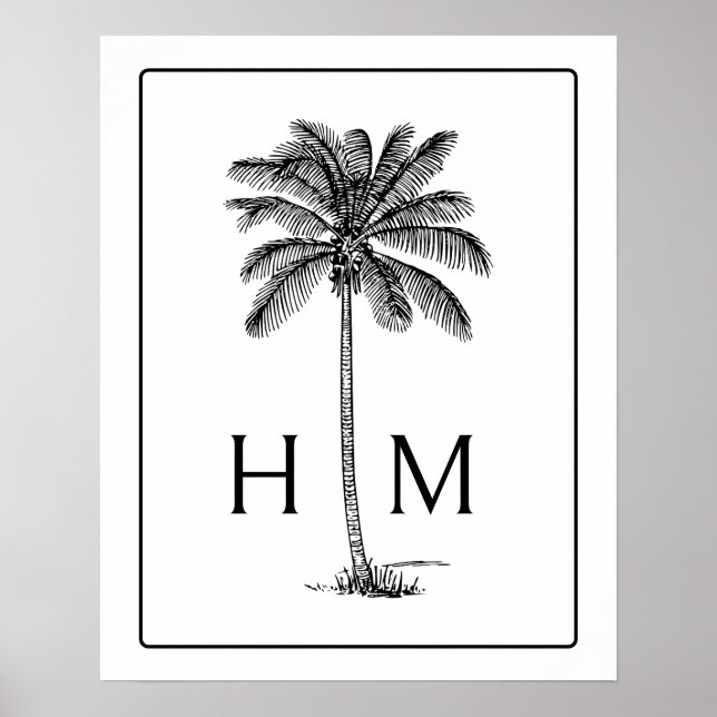 Black and White Palm Palmetto Tree Monogram Poster (Front)