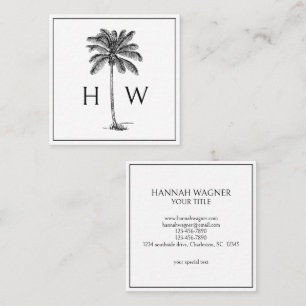 Black and White Palm Palmetto Tree Monogram Square Business Card