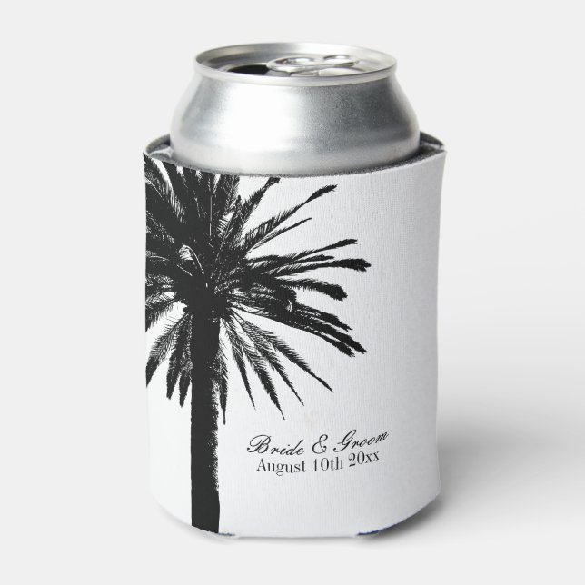 Black and white palm tree beach wedding can cooler (Can Front)