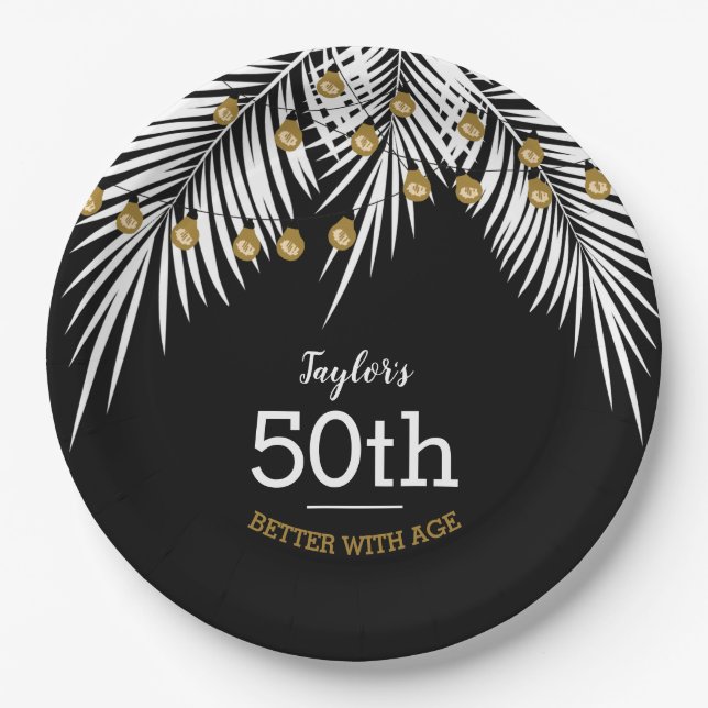 Black and White Palms 50th Birthday Party Paper Plate (Front)