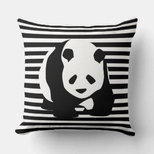 Black and White Panda and Stripes Throw Pillow