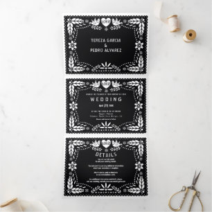 Black and white papel picado love birds wedding Tri-Fold invitation