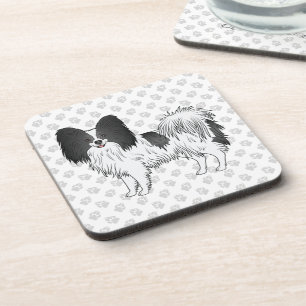 Black And White Papillon Cartoon Dog With Paws Coaster