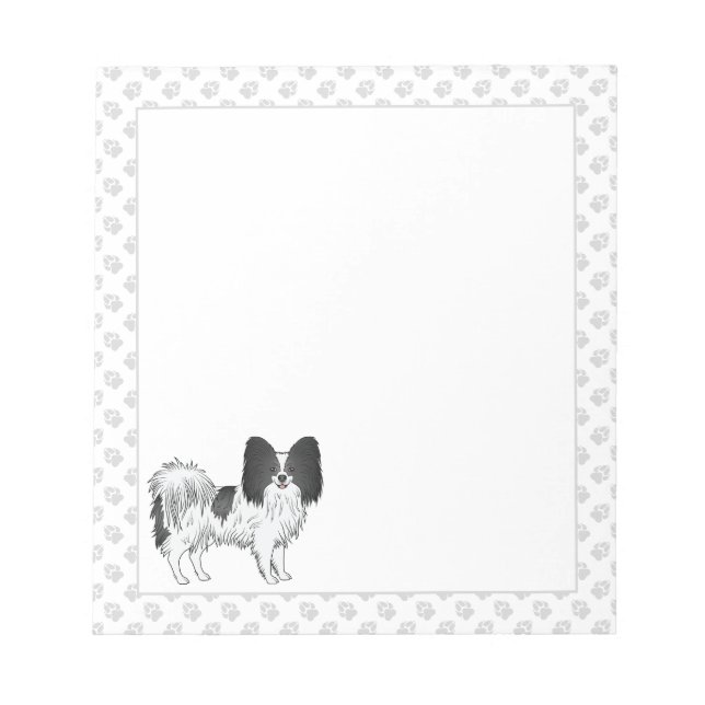 Black And White Papillon Cartoon Dog With Paws Notepad (Front)
