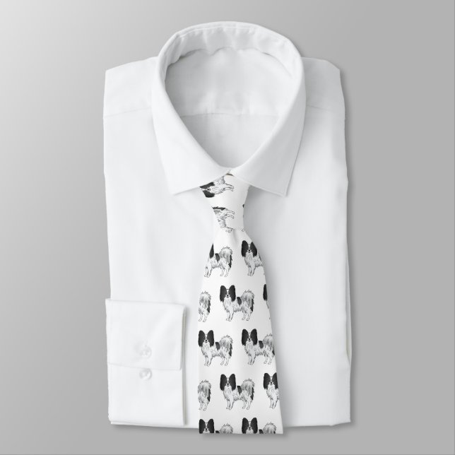 Black And White Papillon Cute Cartoon Dog Pattern Tie (Tied)