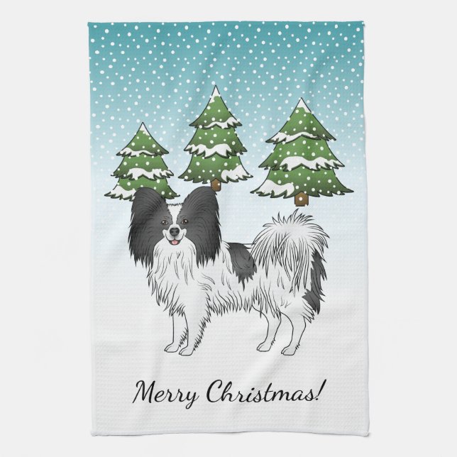 Black And White Papillon Cute Dog In Winter Forest Kitchen Towel (Vertical)