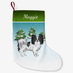 Black And White Papillon Cute Dog In Winter Forest Small Christmas Stocking
