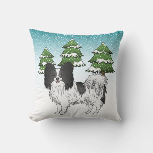 Black And White Papillon Cute Dog In Winter Forest Throw Pillow
