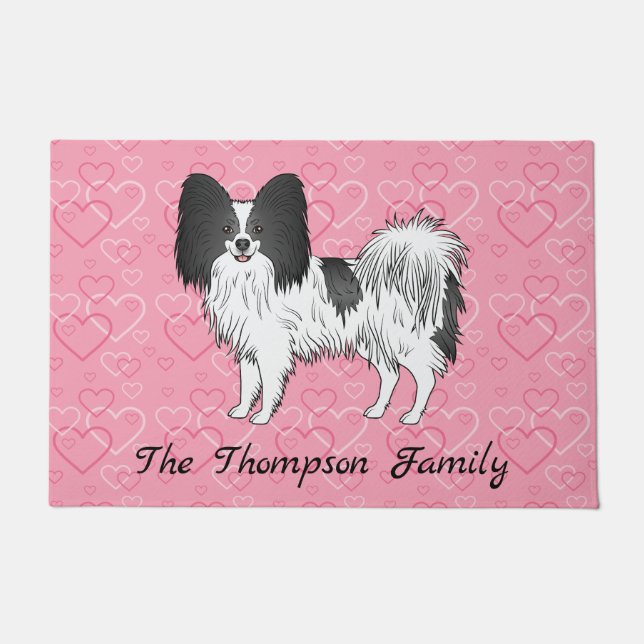 Black And White Papillon Cute Dog On Pink Hearts Doormat (Front)