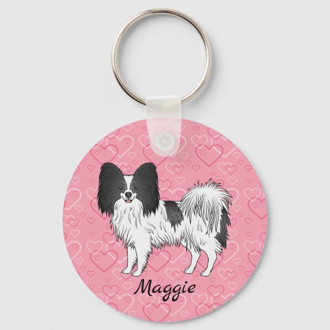 Black And White Papillon Cute Dog On Pink Hearts Keychain (Front)