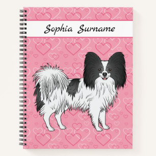 Black And White Papillon Cute Dog On Pink Hearts Notebook