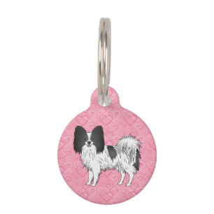 Black And White Papillon Cute Dog On Pink Hearts Pet Tag