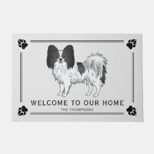 Black And White Papillon Cute Dog With Custom Text Doormat