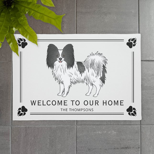 Black And White Papillon Cute Dog With Custom Text Doormat (Creator Uploaded)