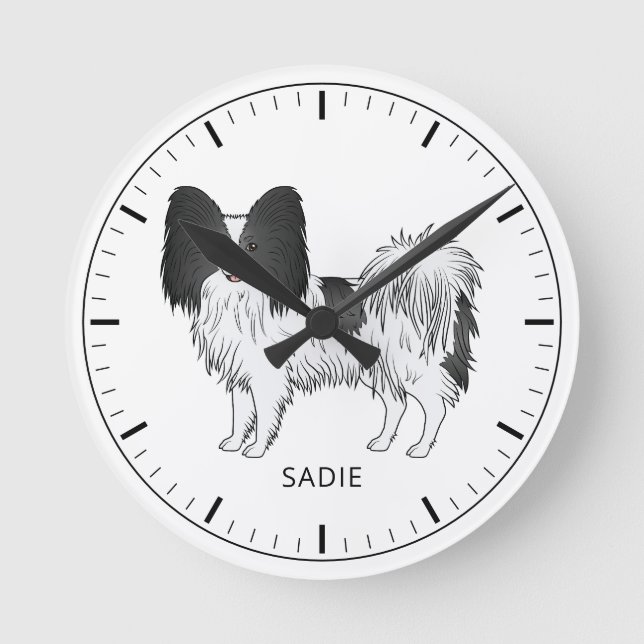 Black And White Papillon Cute Dog With Custom Text Round Clock (Front)