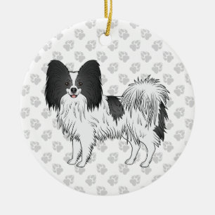 Black And White Papillon Cute Dog With Paws Ceramic Ornament
