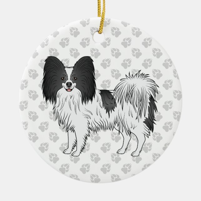 Black And White Papillon Cute Dog With Paws Ceramic Ornament (Front)