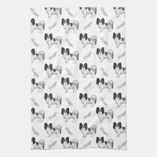 Black And White Papillon Dog Pattern With Name Kitchen Towel