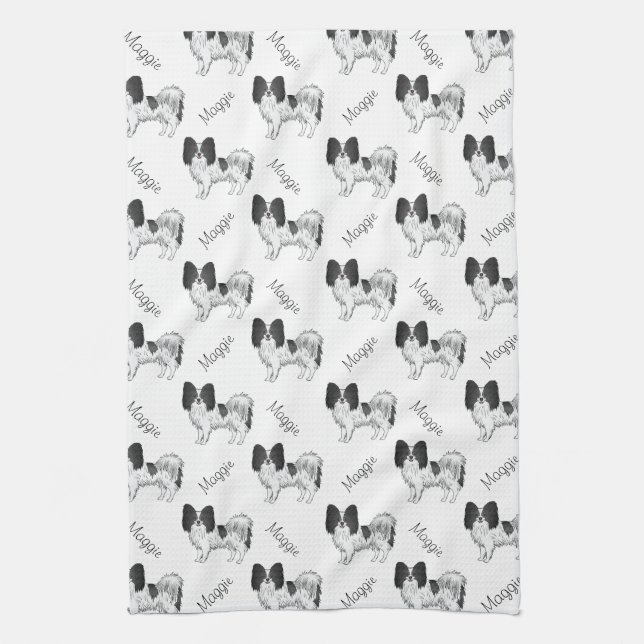 Black And White Papillon Dog Pattern With Name Kitchen Towel (Vertical)