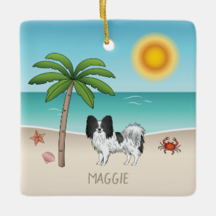 Black And White Papillon Dog Tropical Summer Beach Ceramic Ornament