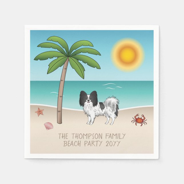 Black And White Papillon Dog Tropical Summer Beach Napkin (Front)
