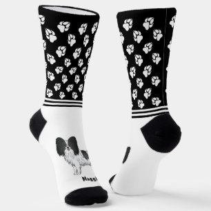 Black And White Papillon Dog With Name And Paws Socks