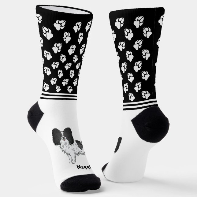 Black And White Papillon Dog With Name And Paws Socks (Angled)