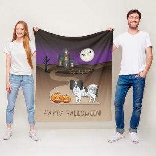 Black And White Papillon & Halloween Haunted House Fleece Blanket