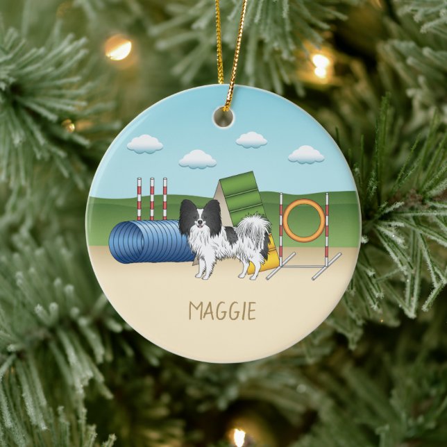 Black And White Papillon With Agility Equipment Ceramic Ornament (Tree)