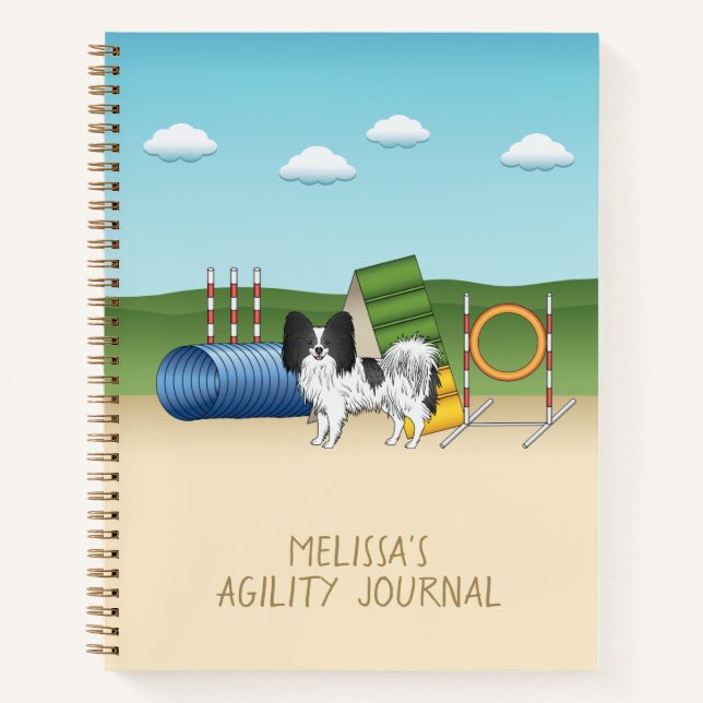 Black And White Papillon With Agility Equipment Notebook (Front)