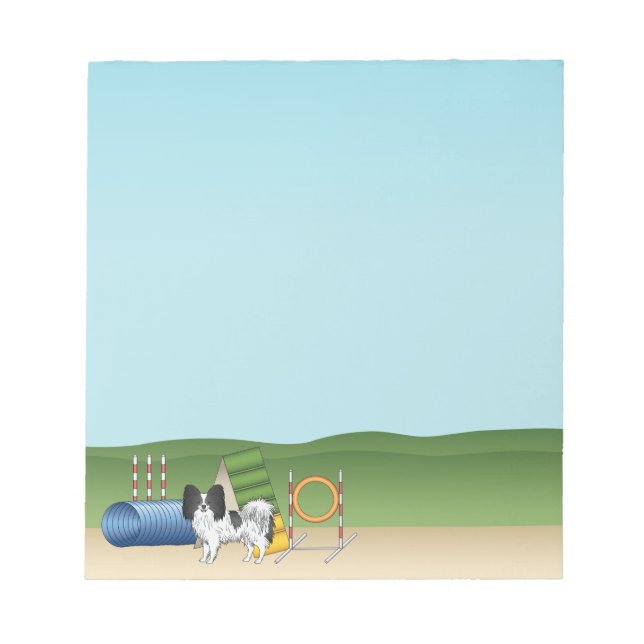 Black And White Papillon With Agility Equipment Notepad (Front)