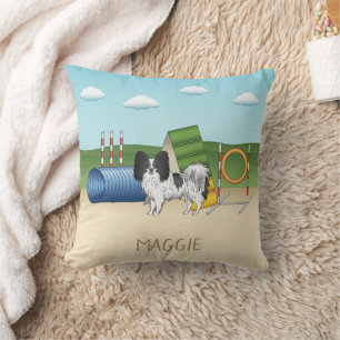 Black And White Papillon With Agility Equipment Throw Pillow