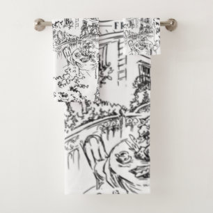 Black and White Paris Eiffel Toile  Bath Towel Set