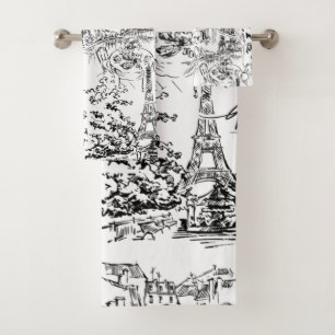 Black and White Paris Eiffel Tower Bath Towel Set