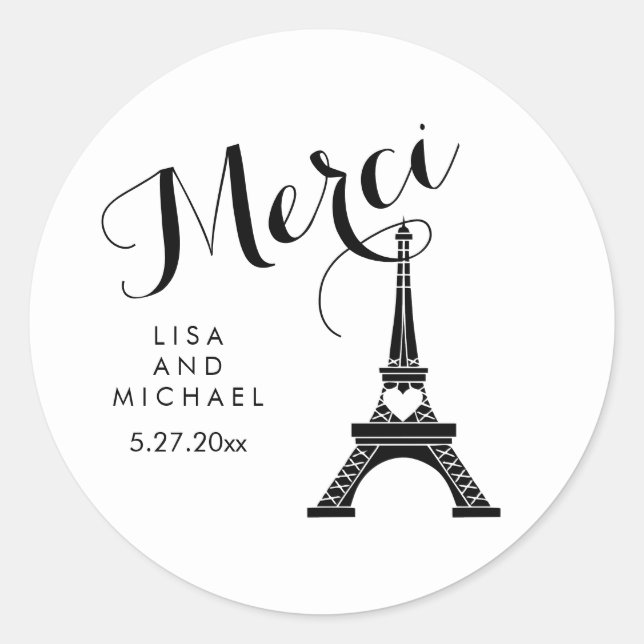 Black and White Paris Eiffel Tower Wedding Merci Classic Round Sticker (Front)