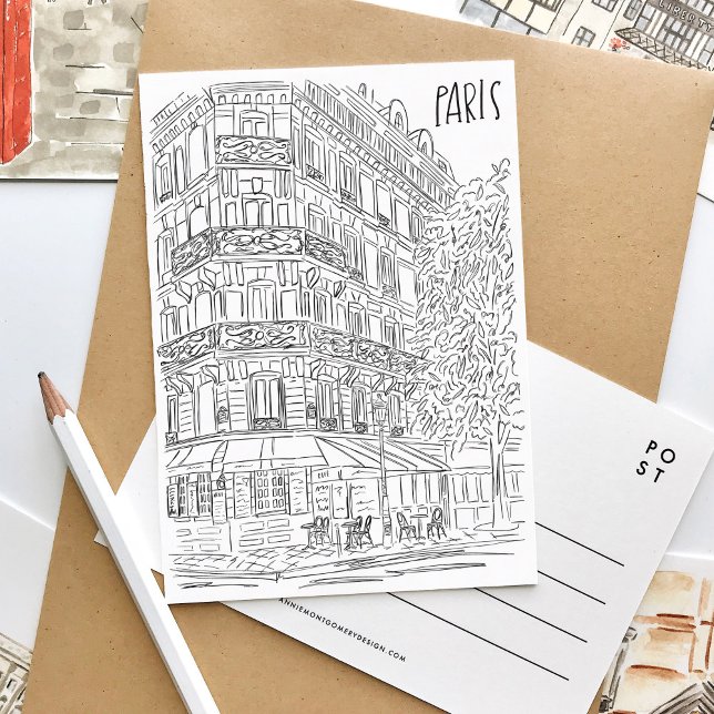 Black and White Parisian Corner Postcard (Black and white sketch Paris travel postcard.)