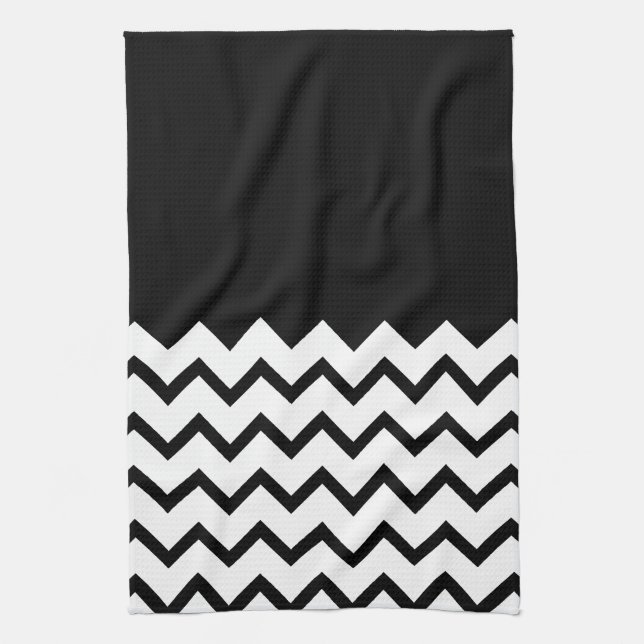 Black and White. Part Zig Zag, Part Plain Black. Kitchen Towel (Vertical)